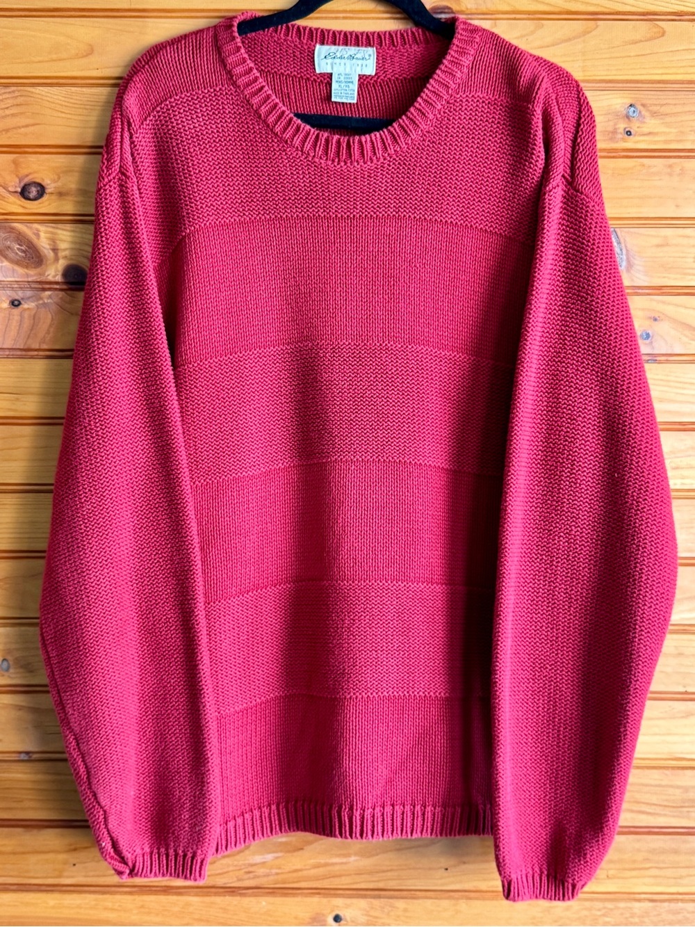 Vintage Eddie Bauer XL Red Cotton Crewneck Sweater Textured Block Knit 90s